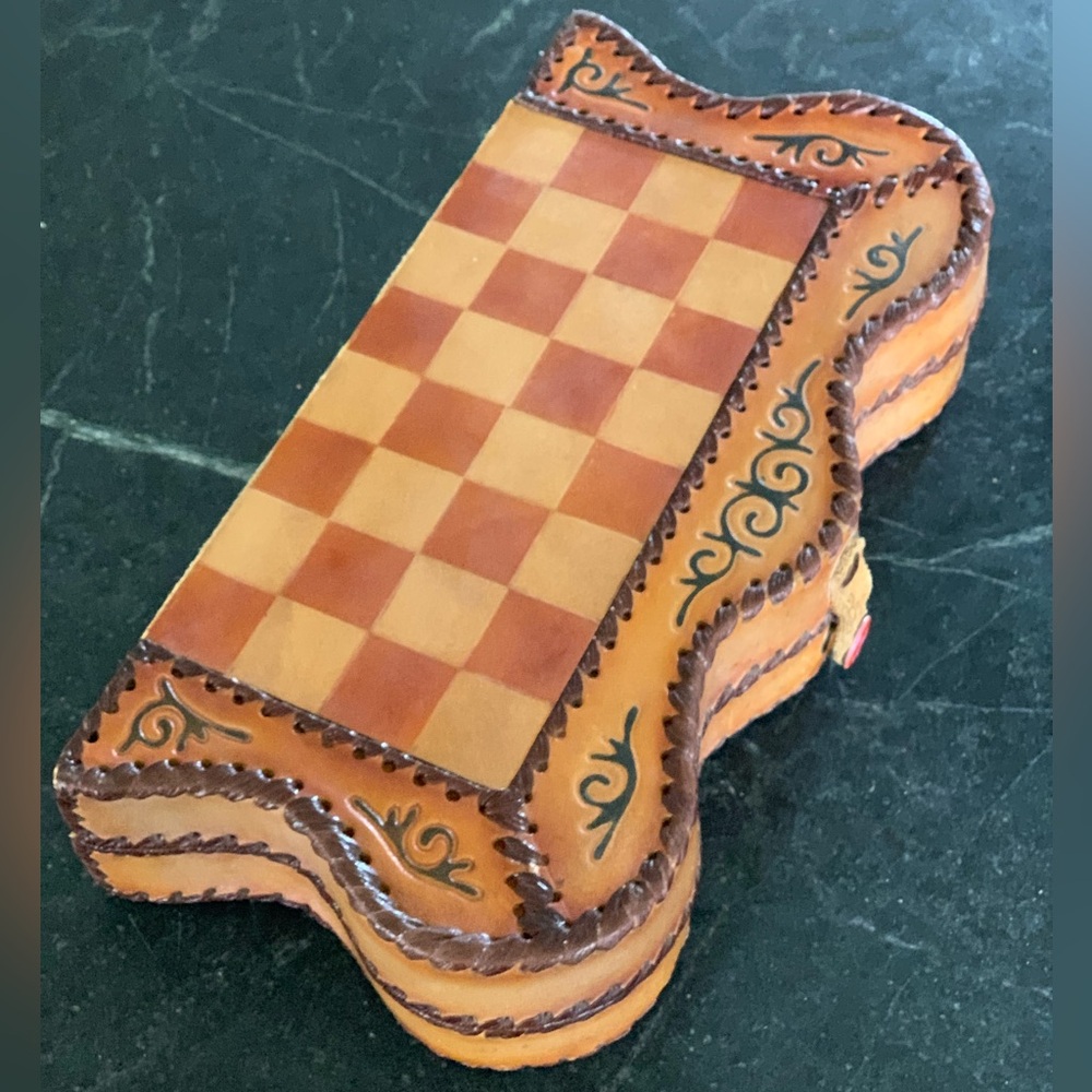 VINTAGE LEATHER FOLDING CHESS BOARD | Handmade Leather Chess Board w/ Storage